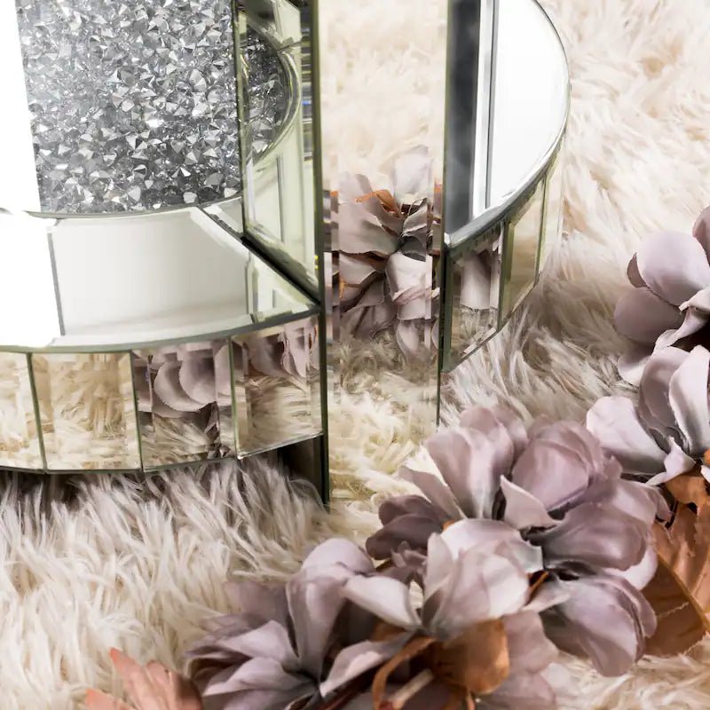 Round Mirrored Side Table with Crystal Inlay – Luxury Accent Piece - Fabels