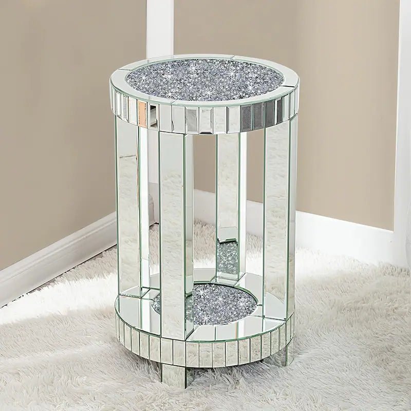 Round Mirrored Side Table with Crystal Inlay – Luxury Accent Piece - Fabels