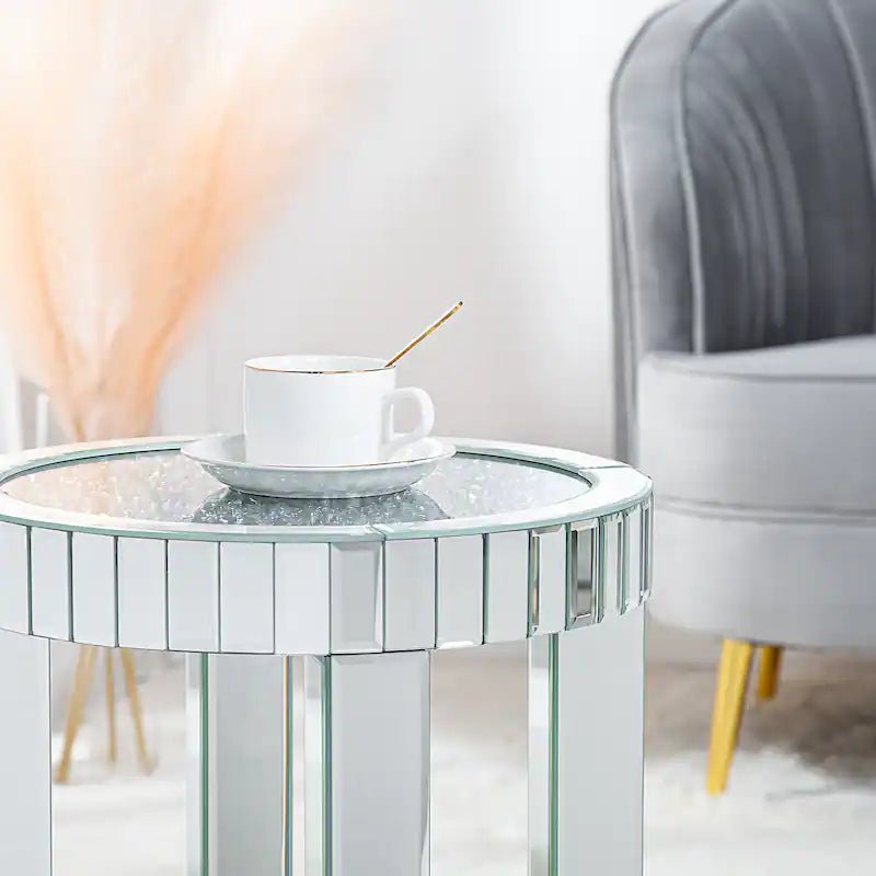 Round Mirrored Side Table with Crystal Inlay – Luxury Accent Piece - Fabels