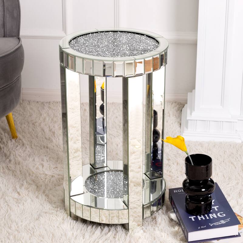 Round Mirrored Side Table with Crystal Inlay – Luxury Accent Piece - Fabels