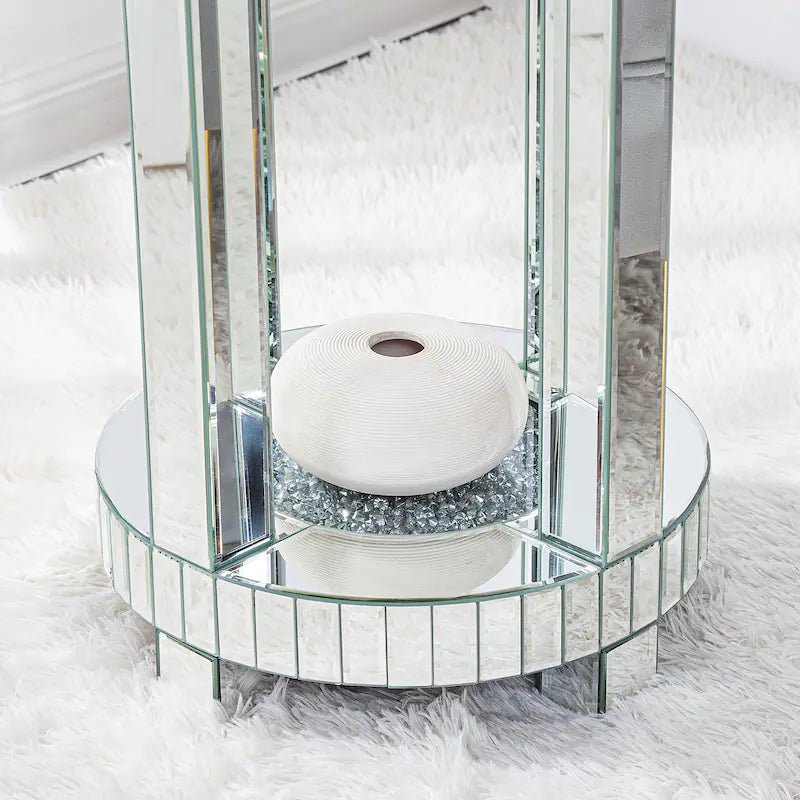 Round Mirrored Side Table with Crystal Inlay – Luxury Accent Piece - Fabels