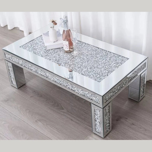 Luxury Crushed Diamond Mirrored Coffee Table – Elegant Sparkle for Modern Spaces